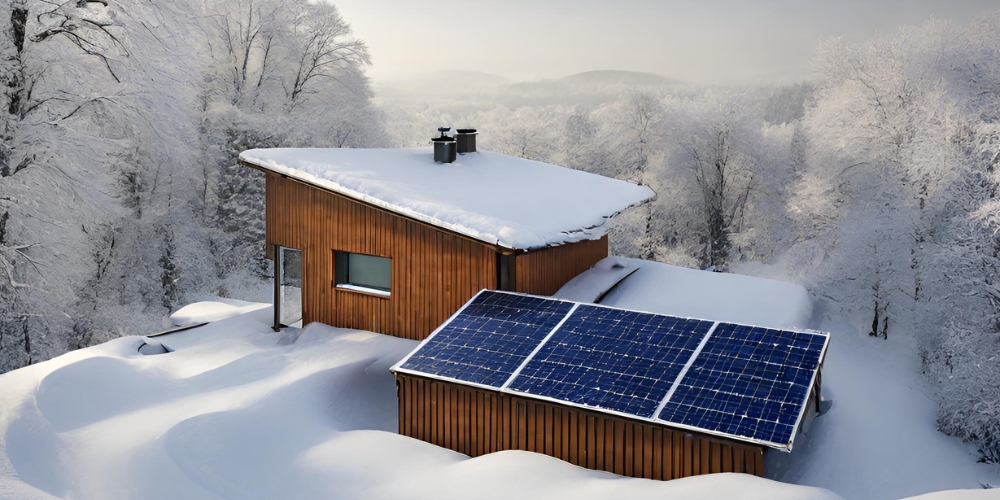 pannelli fotovoltaici su un tetto con neve in inverno