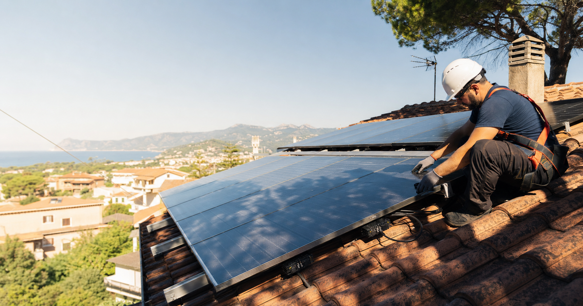 Tecnico controlla pannelli fotovoltaici con ombre parziali e ottimizzatori