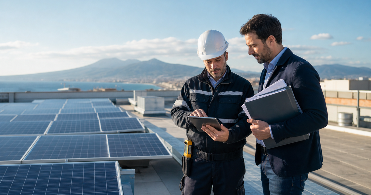 Tecnici verificano pannelli fotovoltaici durante un sopralluogo