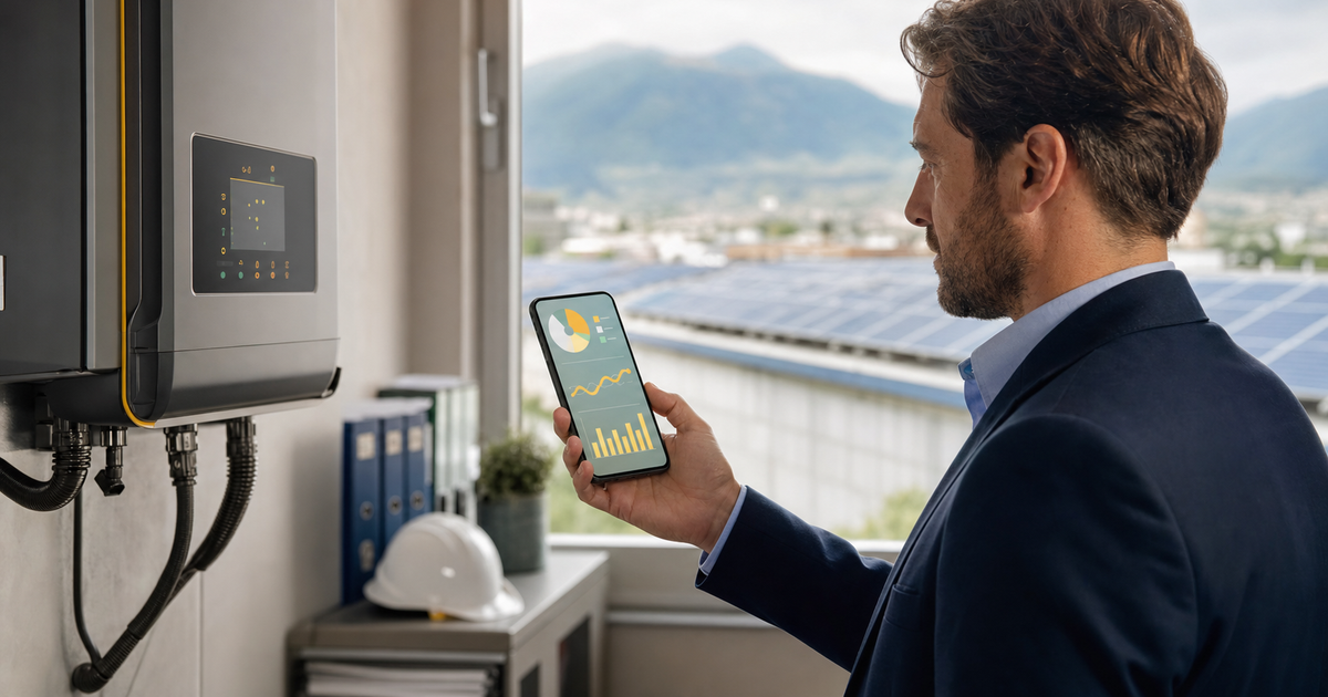Consulente controlla inverter e app di monitoraggio fotovoltaico