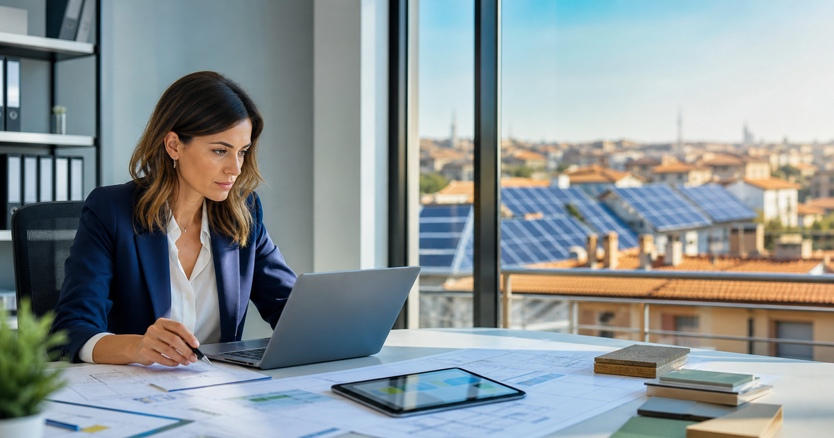 Professionista gestisce pratiche SUER per fotovoltaico in ufficio