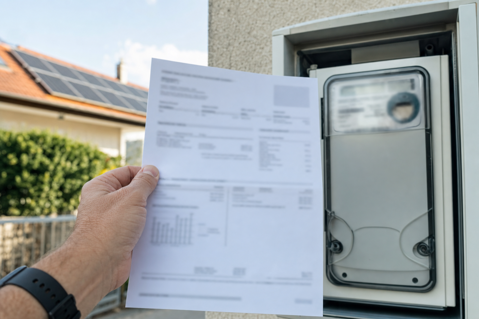 Bolletta elettrica con dati non leggibili vicino a un contatore esterno e a un tetto fotovoltaico