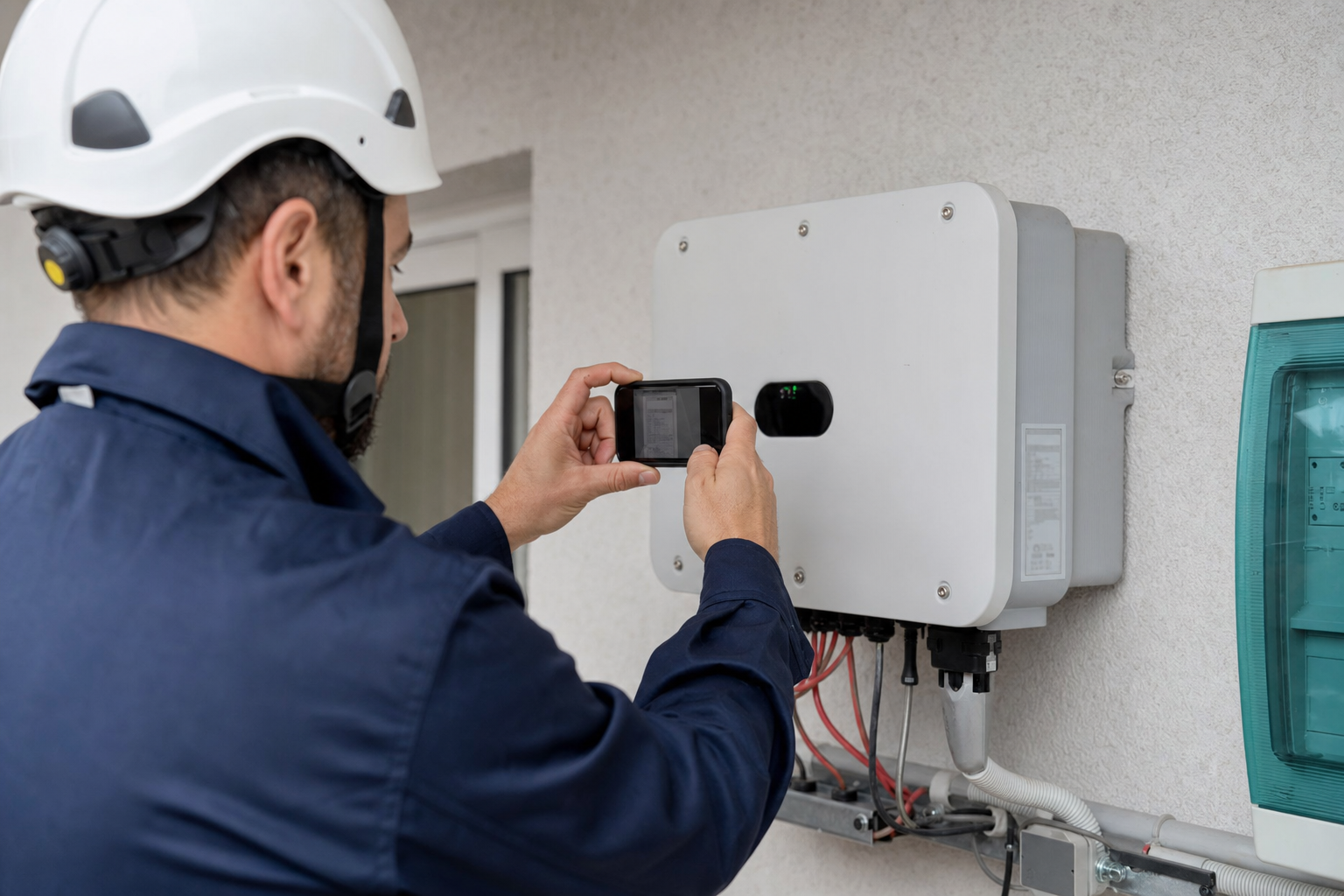 Tecnico fotografa in sicurezza l'etichetta esterna non leggibile di un inverter a parete