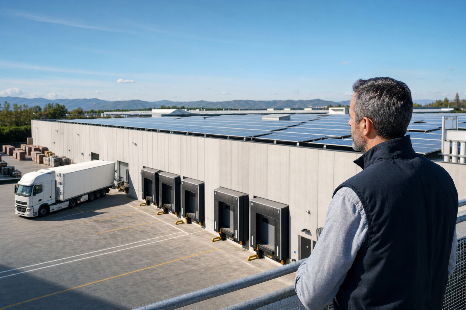 Capannone industriale italiano con pannelli fotovoltaici e responsabile di stabilimento nel piazzale