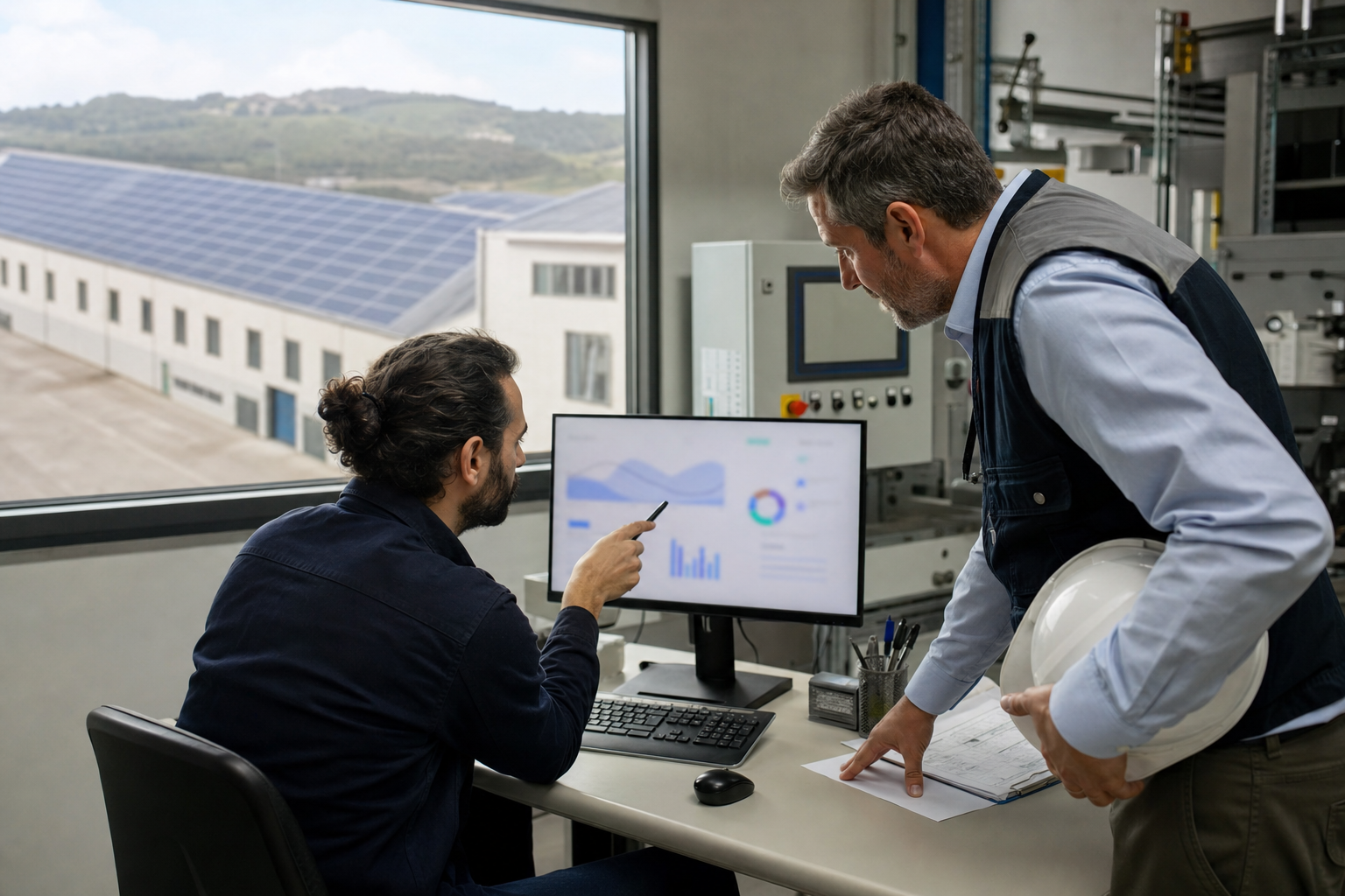 Responsabile di stabilimento osserva un grafico non leggibile con un tetto fotovoltaico sullo sfondo