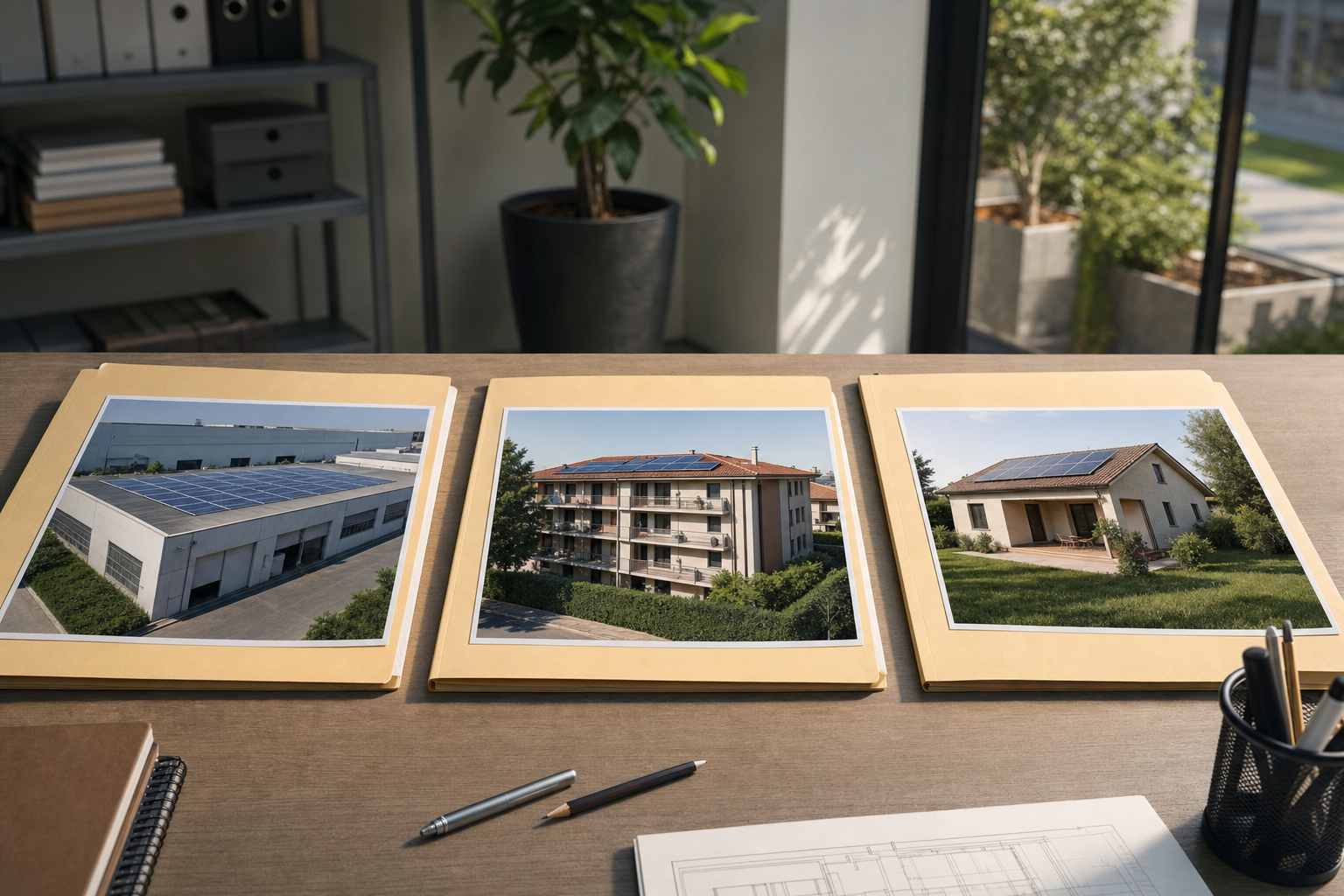 Cartelle separate per tre sedi aziendali italiane con piccoli impianti fotovoltaici