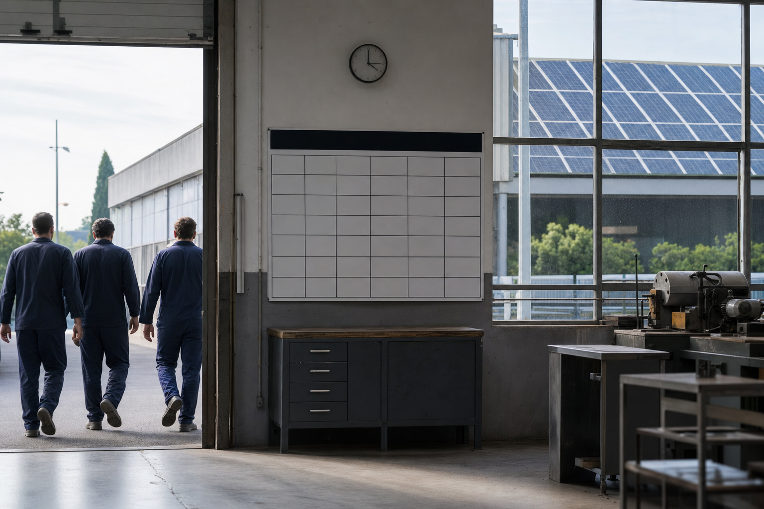 Cambio turno in uno stabilimento italiano con pannelli fotovoltaici e calendario non leggibile